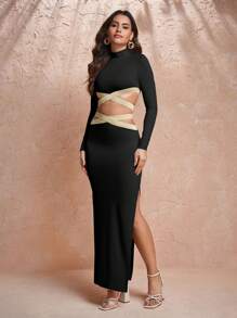 Keraye London Soft Lux Collection Váy đen thanh lịch cổ lọ dệt kim thiết kế, cho ngày lễ, đêm tiệc, trang phục hòa nhạc sinh nhật, lễ hội, trang phục lễ hội rave, đám cưới, váy dạ hội - màu đen - Xem 7