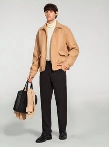 Manfinity VCAY Men's Woven Casual Stand Collar Long Sleeve Woolen Jacket, Suitable For Autumn And Winter