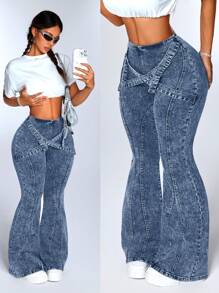 SHEIN ICON Women's Cross Strap Design Flared Casual Versatile Jeans - Light Wash - View 1