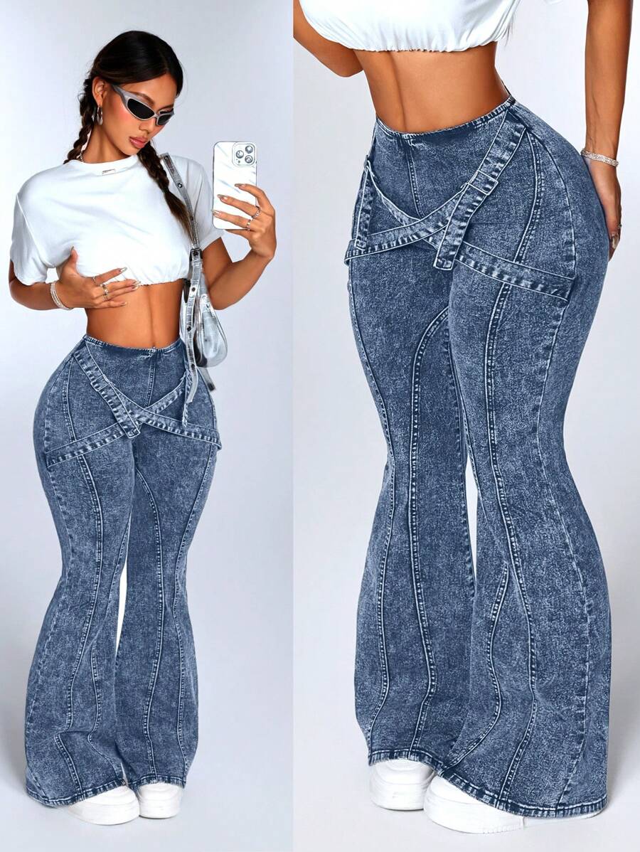 SHEIN ICON Women's Cross Strap Design Flared Casual Versatile Jeans - Light Wash - View 1
