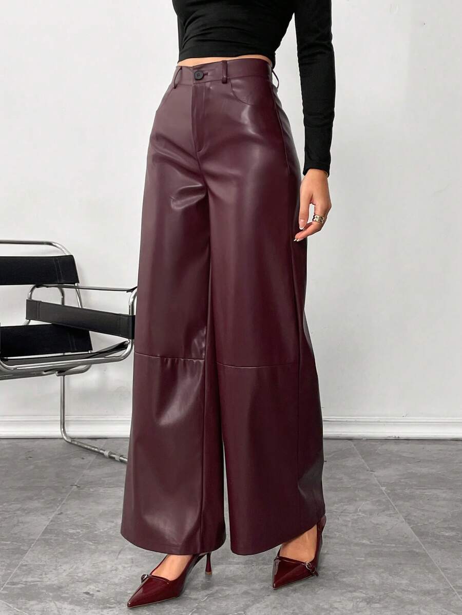 Siren Gaze Women's Burgundy Red Leather Women Pants Plain Front-Button Minimalist Casual Pants, Daily Wear, Women Bottoms Christmas Winter New Year Elegant Valentine's Day Spring - Burgundy - View 1