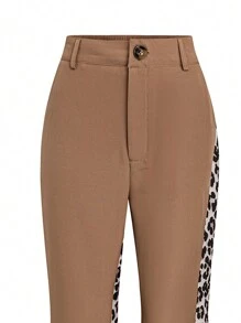 Chiquease Women's High Waist Pockets Straight Leg Pants With Leopard Print Patchwork Design, Casual Autumn/Winter