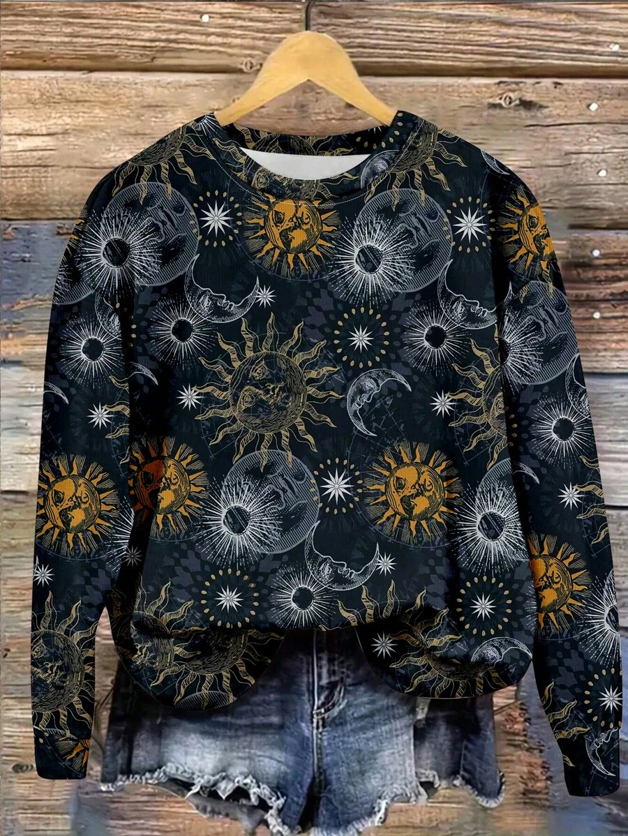 SHEIN LUNE Sun And Moon Women's Crew Neck Comfort Sweatshirt - Multicolor - View 1