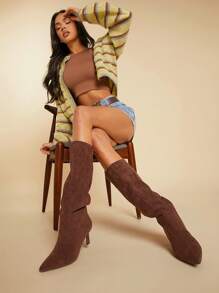 Women's Fashionable & Comfortable Point Toe Side Zipper Kitten Heel Mid-Calf Boots Spring Shoes Spring Break Easter - Brown - View 7