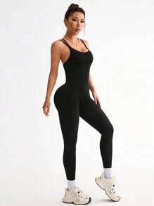 Easithlete Women's Solid Color Simple Fitted Leisure Sports Jumpsuit/Seamless/Waisted - Black - View 4