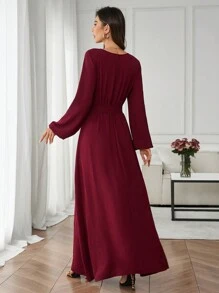 Ellevyn 女士勃艮第红 A 字裙，时尚通勤、休闲外套、秋冬 - 酒紅色 - 查看 4