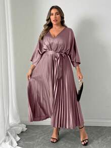 Celure Plus Size Jednolity kolor Długi rękaw Przód Wiązana Sukienka Casualowa Długa