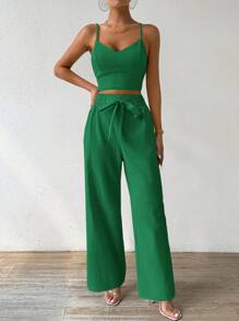 Breezaya 女士可调节肩带吊带背心上衣搭配蝴蝶结和直腿裤度假风 2 件套 - 綠色 - 查看 5