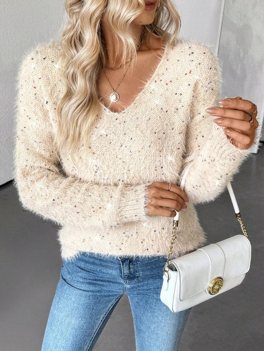 Chiquease Women's Apricot V-Neck Sequins Mink Fur Thick Warm Pullover Sweater Knit Pullover Fall Winter - Apricot - View 1