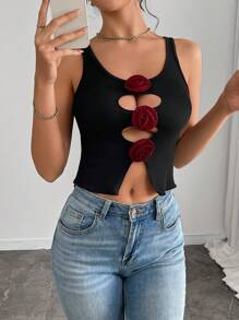 SHEIN Unity Camiseta sin tirantes con decoración floral versátil para mujeres, primavera/verano - Negro - Ver 4