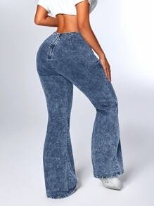 SHEIN ICON Women's Cross Strap Design Flared Casual Versatile Jeans - Light Wash - View 2