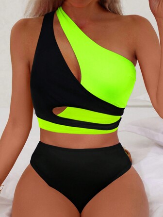 Slaydiva Conjunto de bikini de un hombro con bloques de color neón para la playa de verano, traje de baño