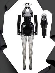 女士性感透明网眼内衣套装包括连衣裙、手套、颈带、头饰和长袜 - 黑色 - 查看 6