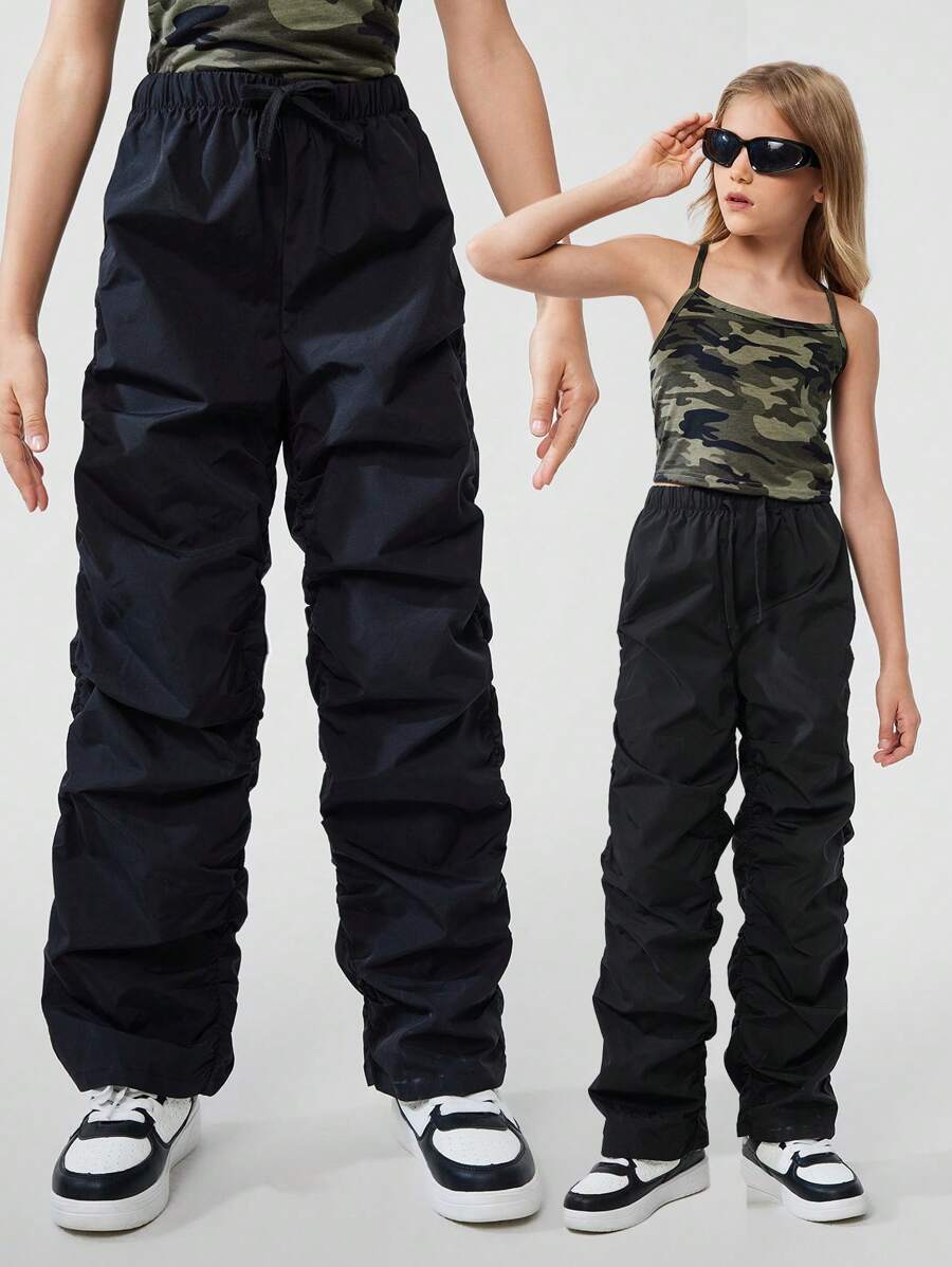 SHEIN Tween Girls' Fashionable Ruched Drawstring Design Long Pants, Black - Black - View 1