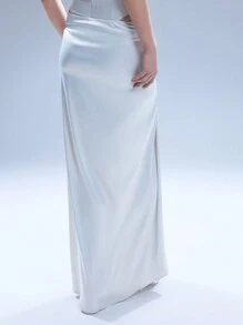 MUSERA 缎面低腰褶皱超高开衩长裙，生日、优雅、夏季、新年、圣诞派对皆宜 - 白色 - 查看 4