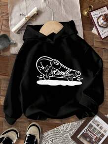 SHEIN Tween Boy Casual Simple Cartoon Scooter Sketch Print Loose Fit Thickened Sweatshirt, Suitable For Autumn/Winter - Black - View 1