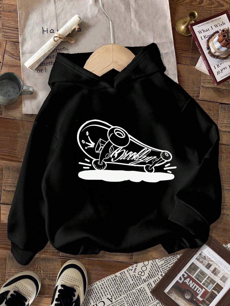 SHEIN Tween Boy Casual Simple Cartoon Scooter Sketch Print Loose Fit Thickened Sweatshirt, Suitable For Autumn/Winter - Black - View 1