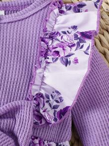 SHEIN Baby Girl Purple Round Neck Waffle Stitching Ruffled Floral Jumpsuit With Headband, Cute Elegant Outfit Suitable For Outdoor, Play, Party & Events, Spring/Autumn - Purple - View 5