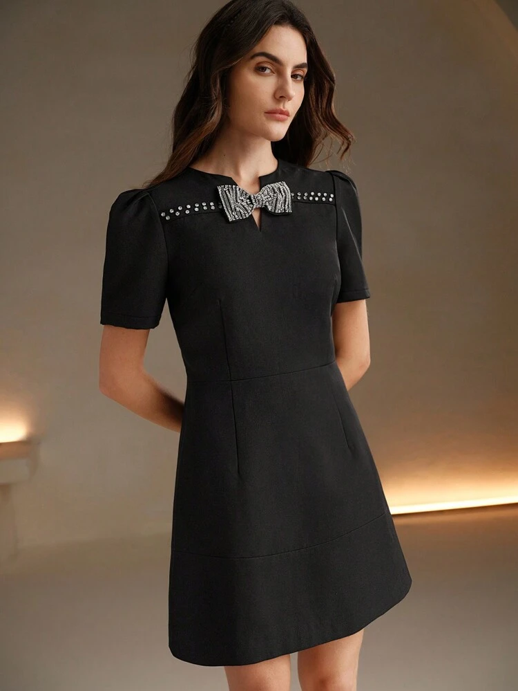 Fashionable Elegant Rhinestone Bow Decor Short Sleeve A-Line Women Dress, Party Wear New Year Eve Outfit