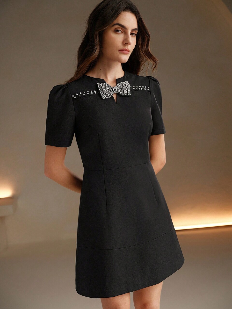Fashionable Elegant Rhinestone Bow Decor Short Sleeve A-Line Women Dress, Party Wear New Year Eve Outfit