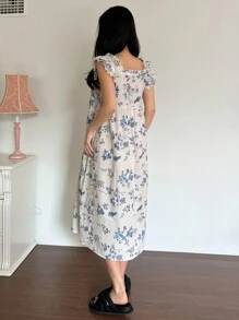 DAZY 女士甜美花卉印花荷叶边下摆睡袍睡裙睡衣