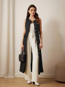 SHEIN Unity French Minimalist Versatile Glamorous Sequin Tweed Fringed Design Button Long Sleeveless Overcoat, Autumn/Winter Holiday Party Clothes  - Black - View 4