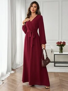 Ellevyn 女士勃艮第红 A 字裙，时尚通勤、休闲外套、秋冬 - 酒紅色 - 查看 6