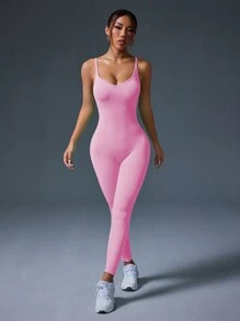Easithlete Bộ đồ liền thân thể thao thường ngày dây mảnh ôm vừa vặn đơn giản dành cho nữ - Hồng - Xem 5