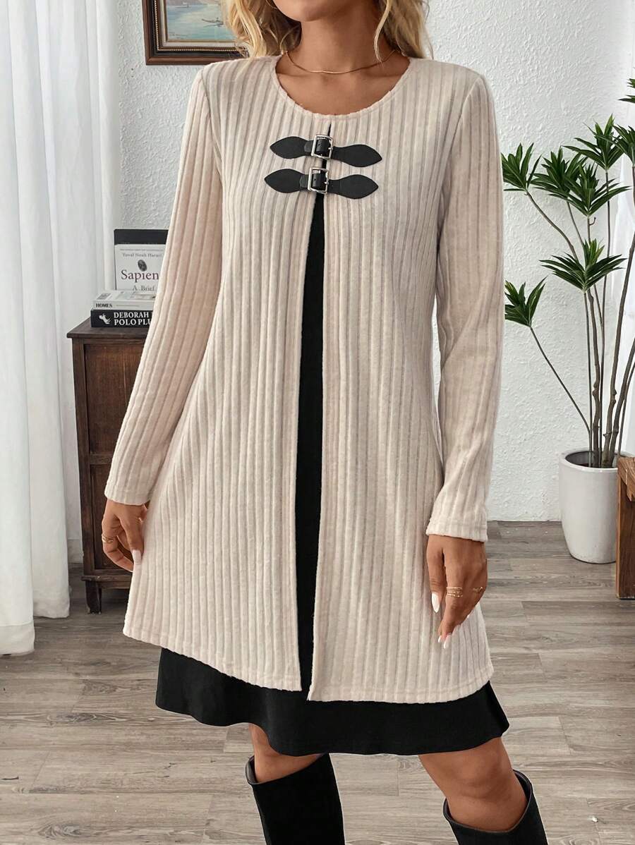 EMERY ROSE Women Plain Round Neck Long Sleeve Short Casual Dress, Daily Wear - Multicolor - View 1