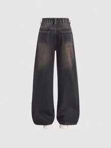 SHEIN Tween Girl's Retro Washed Front Button Multiple Pockets Casual Denim Straight Leg Jeans