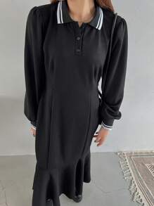 FRIFUL 女士条纹 Polo 领长袖 A 字形休闲针织毛衣连衣裙，适合秋冬季 - 黑色 - 查看 8