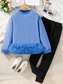 Tween Girl Blue Round Neck Sweatshirt With Floral Net Trim Hem And Leggings 2 Pieces Set - Blue - View 1