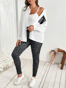 SHEIN VCAY Plus Size Women Leopard Print Pocket Shirt And Leopard Leggings 2 Pieces Matching Sets