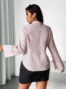 Calvaya 大码女式修身条纹印花长袖纽扣衬衫 - 彩色 - 查看 2