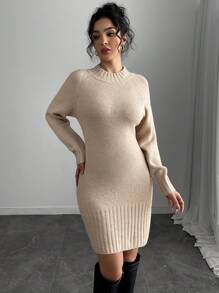 Chiquease 高领修腰紧身针织连衣裙 - 杏色 - 查看 4