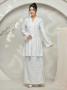 Graceveil Baju Kebaya Baju Kebaya Ditsy Floral V-Neck Long Sleeve Blouse Paired With Long Asymmetrical Skirt, Boho Style Modest - White - View 1