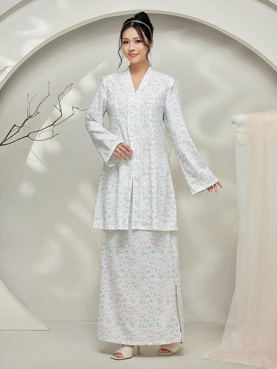 Graceveil Baju Kebaya Baju Kebaya Ditsy Floral V-Neck Long Sleeve Blouse Paired With Long Asymmetrical Skirt, Boho Style Modest - White - View 1
