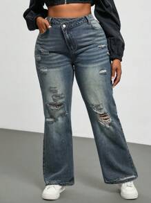 SHEIN EZwear 大码女式不对称腰部口袋破洞休闲牛仔裤