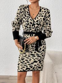 Chiquease Fashionable Leopard Print Knit Long Sleeve Tie Waist Sweater Dress - Multicolor - View 5