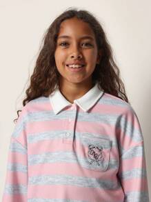 SUMWON Tween Girls Comfy Boxy Fit Rugby Pink & Grey Stripe Long Sleeve Polo Tee - Baby Pink - View 4