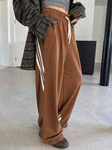 DAZY Contrast Color Drawstring Loose Wide Leg Pants, Women's Casual Sweatpants, Spring Women Joggers - Brown - View 8