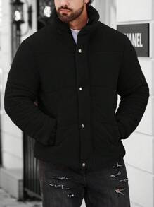 Manfinity Homme Loose Fit Men's Long Sleeve Snap Button Front Teddy Padded Coat, Men Winter Coat, Black Puffer Outerwear, For Fall - Black - View 6