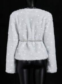 SHEIN ICON Cappotto di pelliccia bianco elegante da donna in stile Y2K per feste, Capodanno e uso casual, con decorazioni in perle finte, manica lunga