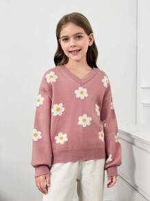 Jersey de punto con cuello en V y diseño floral intarsia informal para niñas preadolescentes