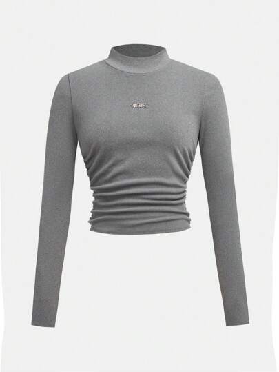 SHEIN Teen Girls High Collar Ruched Plain Long Sleeve Base Layer T-Shirt