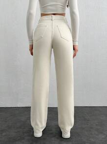 EURMUSE 100%Cotton Slant Pocket Straight Leg Jeans - Beige - View 2