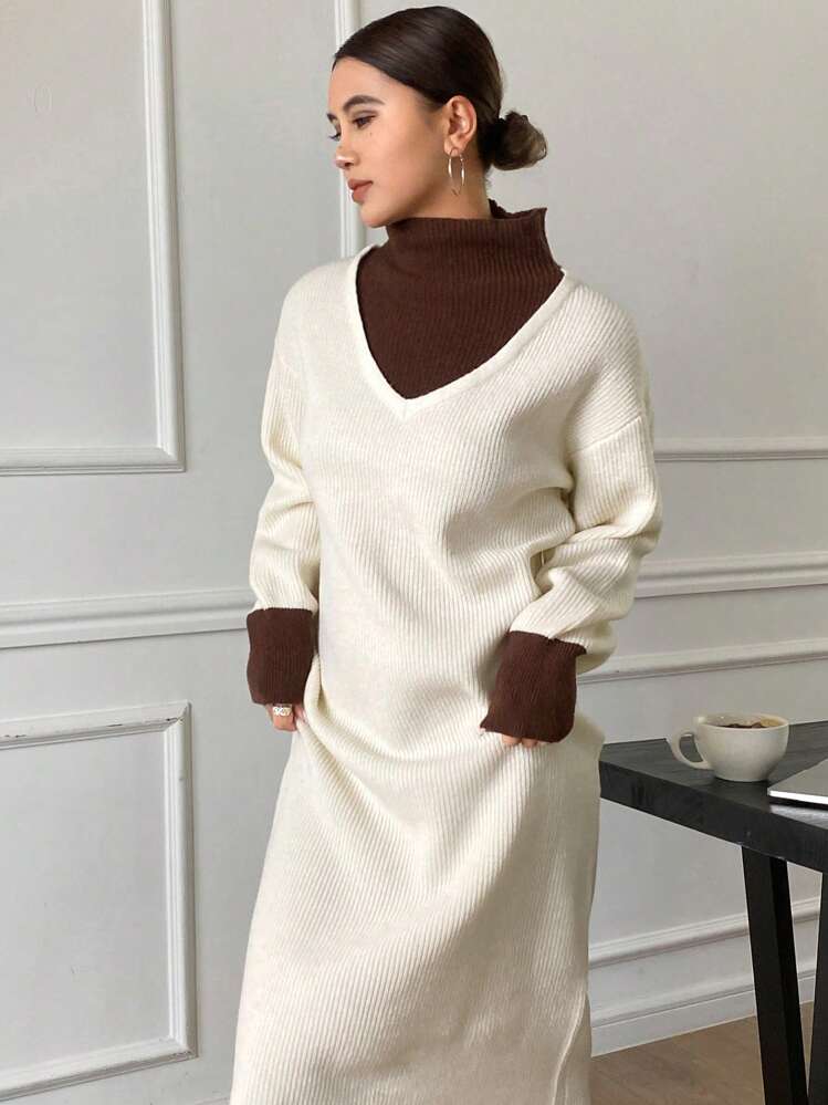 Luźna sukienka sweterkowa z golfem w kontrastowym kolorze, damska, jesienna odzież - Morela - Zobacz 6