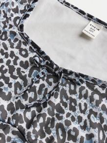 SHEIN Girlism Tween Girls Fitted Square Neck Drawstring Waist Leopard Print Casual Flare Sleeve T-Shirt - Dusty Blue - View 3
