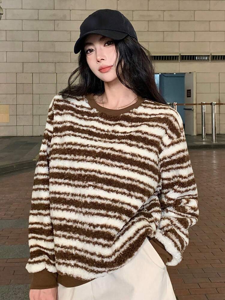 Loose Fit Color Block Striped Crew Neck Sweatshirt For Women,Fall Clothes