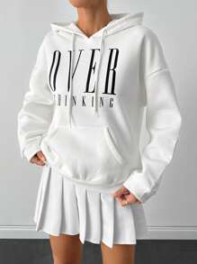 SHEIN PETITE 棉质字母图案袋鼠口袋落肩抽绳连帽衫